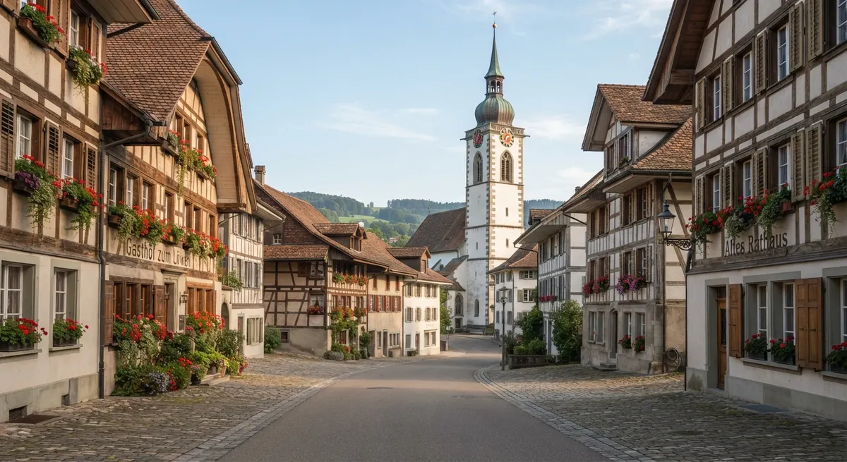 Zürcher Dorfkern mit Riegelhäusern, Brunnen und schmaler Dorfstrasse