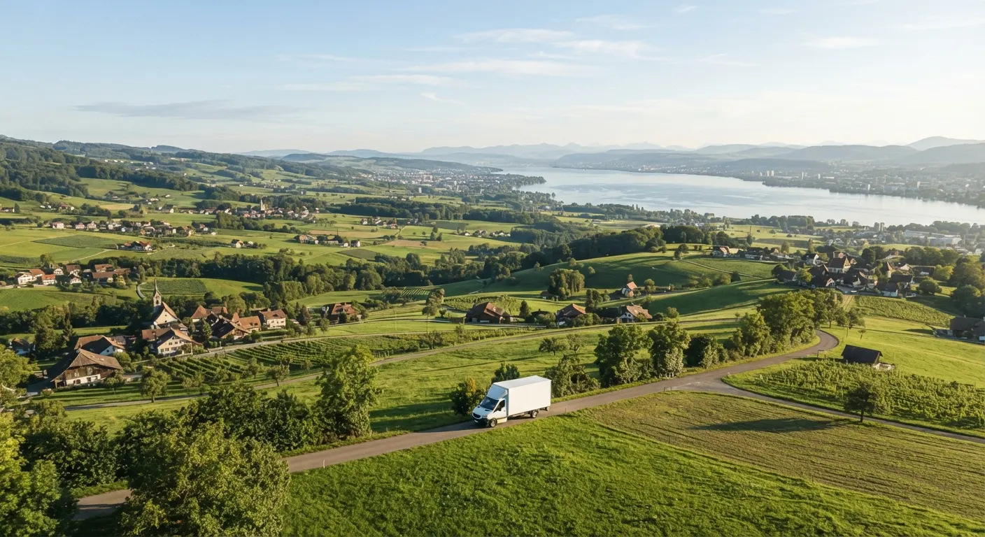 Hügellandschaft im Kanton Zürich mit Rebbergen, Dörfern und dem Zürichsee im Hintergrund