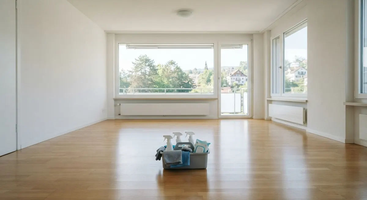 Frisch gereinigte leere Wohnung mit Parkett, offenen Fenstern und Putzmaterial