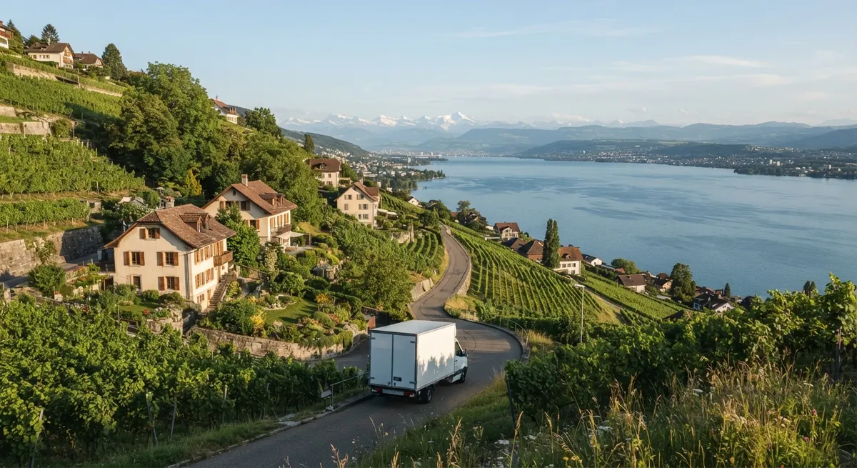 Wohnhäuser an einem steilen Hang über dem Zürichsee mit Steg und Booten